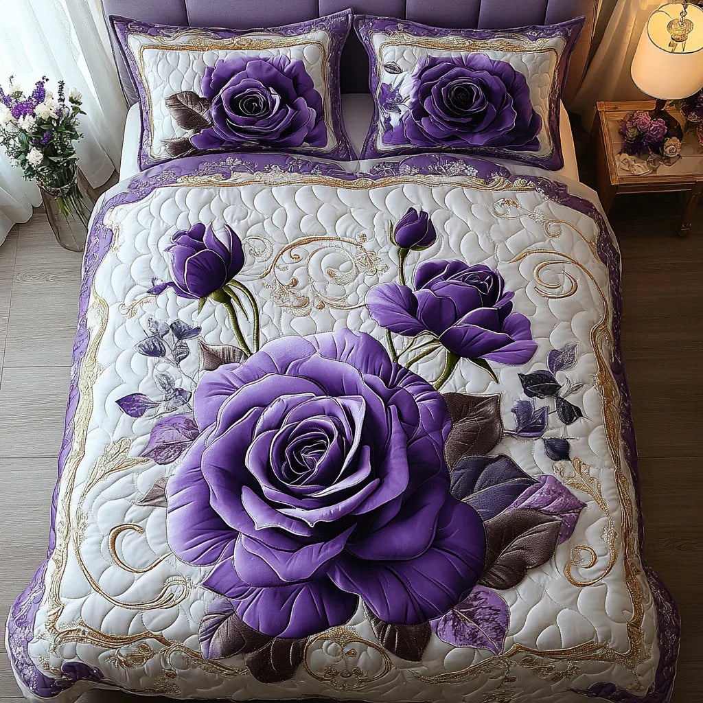 3-Piece Quilted Bedspread Set - Purple & Pink