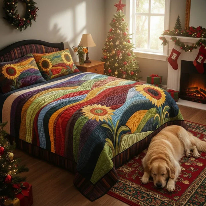 3-Piece Quilted Bedspread Set - Sunflower Field Dreams