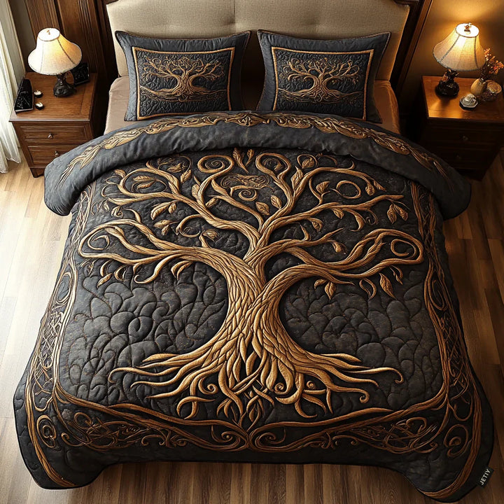 3-Piece Quilted Bedspread Set - Golden Harmony